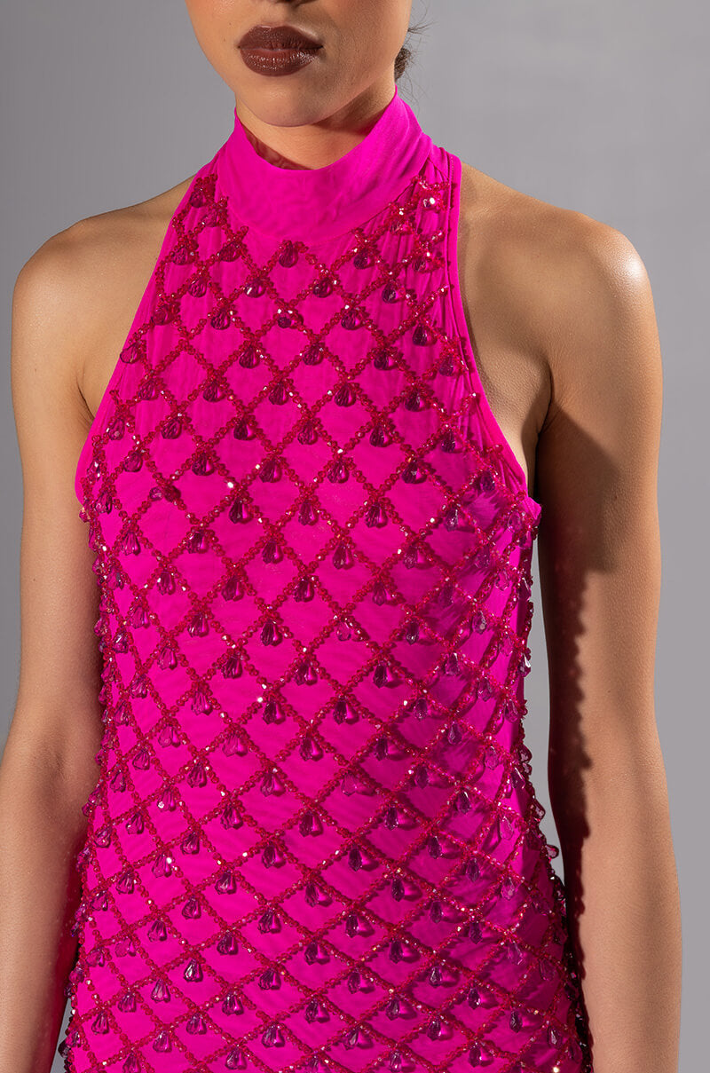 Beautiful Mistakes Mock Neck Low Back Beaded Mini Dress