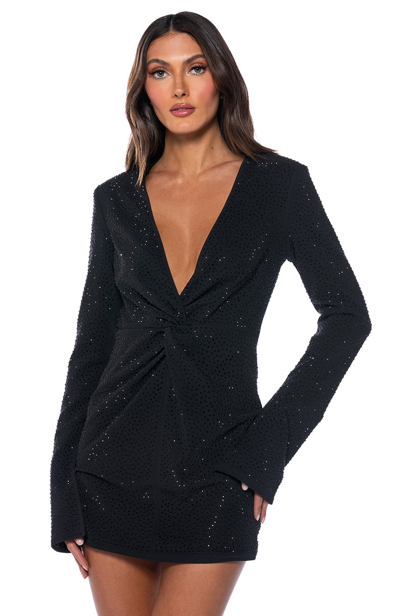Eliana Twist Detail Embellished Long Sleeve Mini Dress