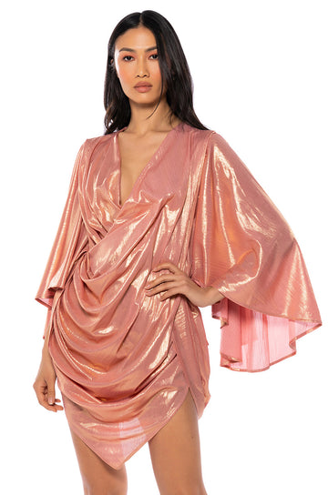 Fantasy Draped Metallic Mini Dress In Pink