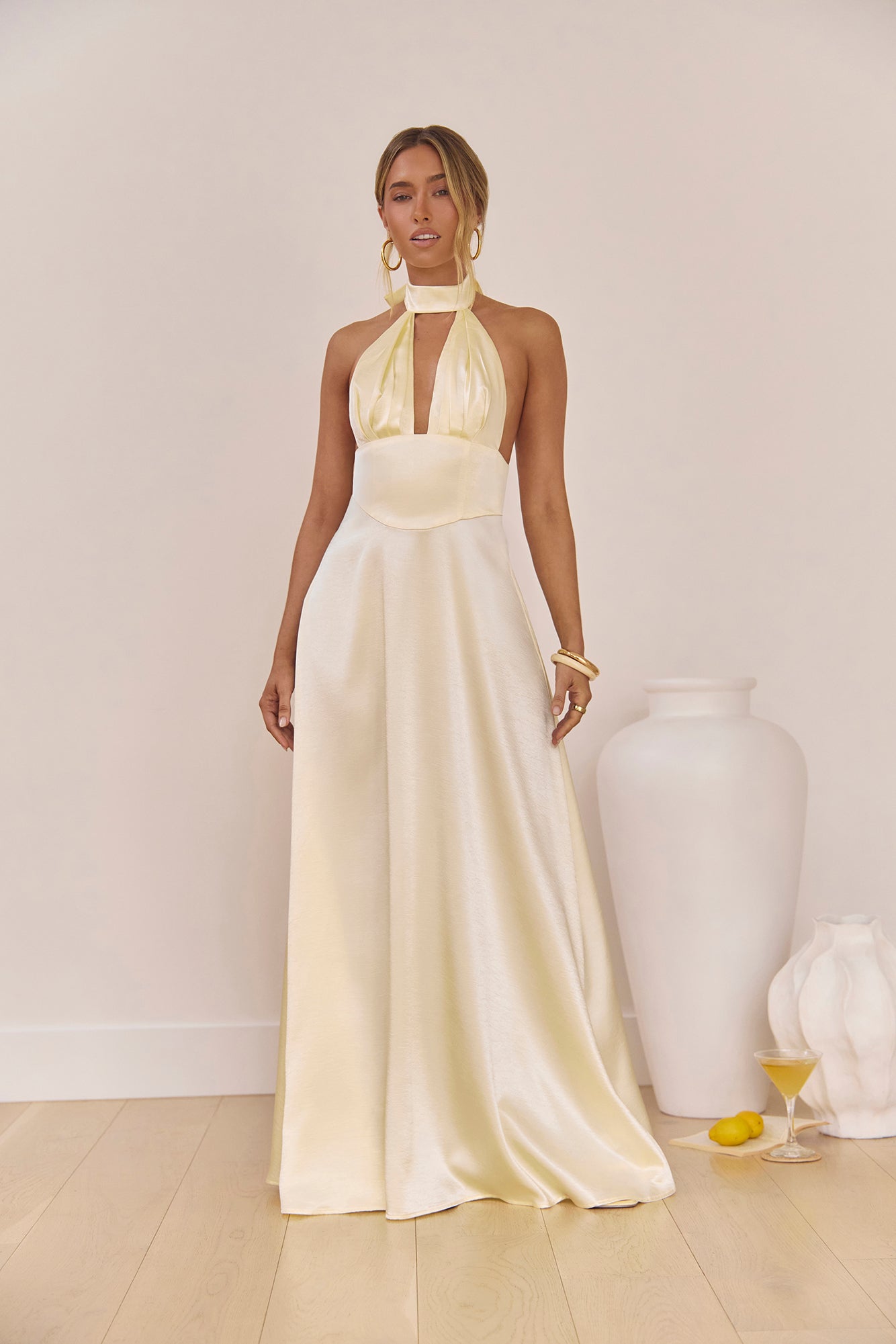 Hour Of Love Satin Halter Maxi Dress Yellow
