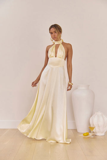 Hour Of Love Satin Halter Maxi Dress Yellow