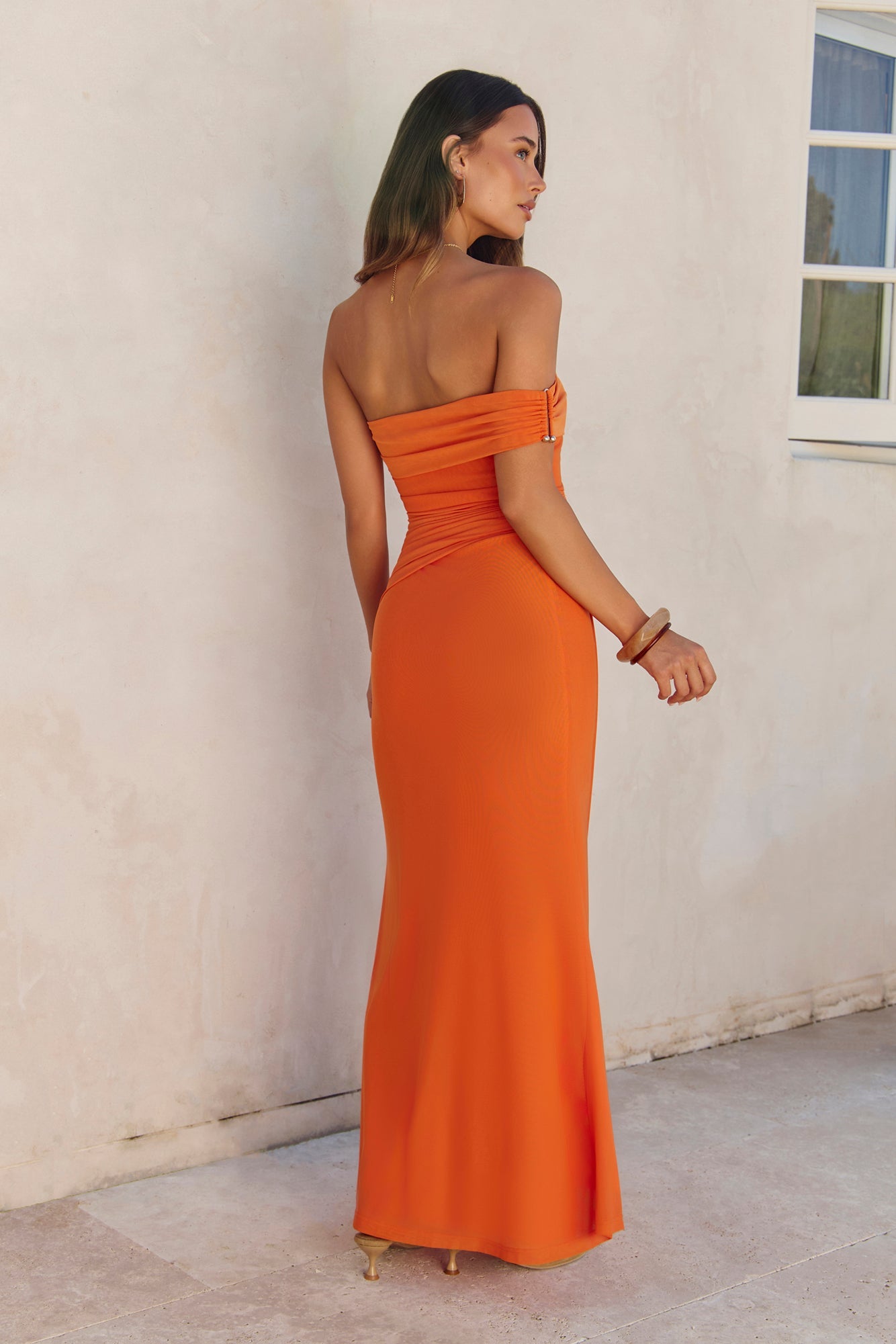 Heart For You One Shoulder Mesh Maxi Dress Orange