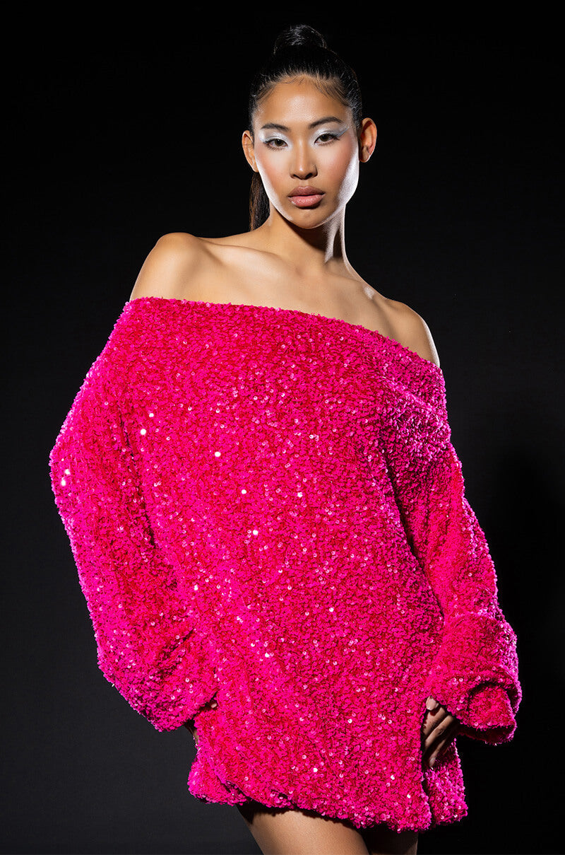 Gemma Off The Shoulder Voluminous Sequin Mini Dress