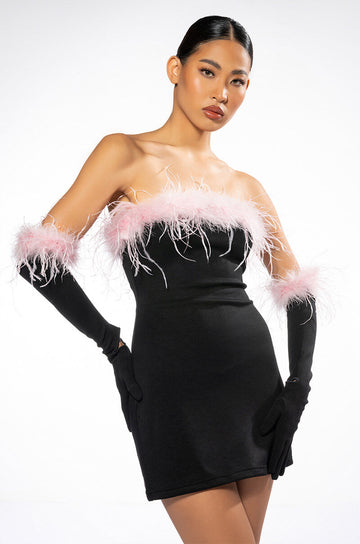 Holly Feather Detail Strapless Bodycon Dress With Gloves