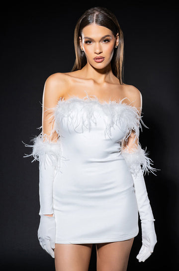 Holly Feather Detail Strapless Bodycon Dress With Gloves