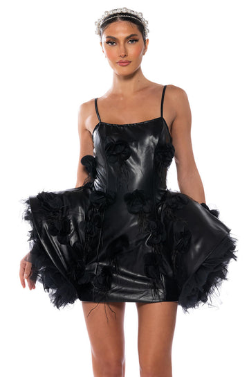 In Bloom Vegan Leather Flared Mini Dress