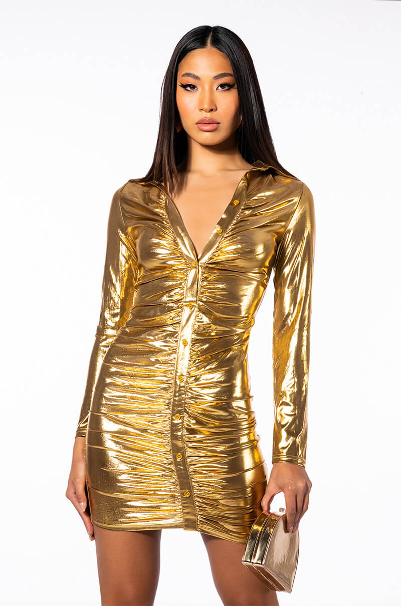 Material Girl Long Sleeve Button Down Mini Dress