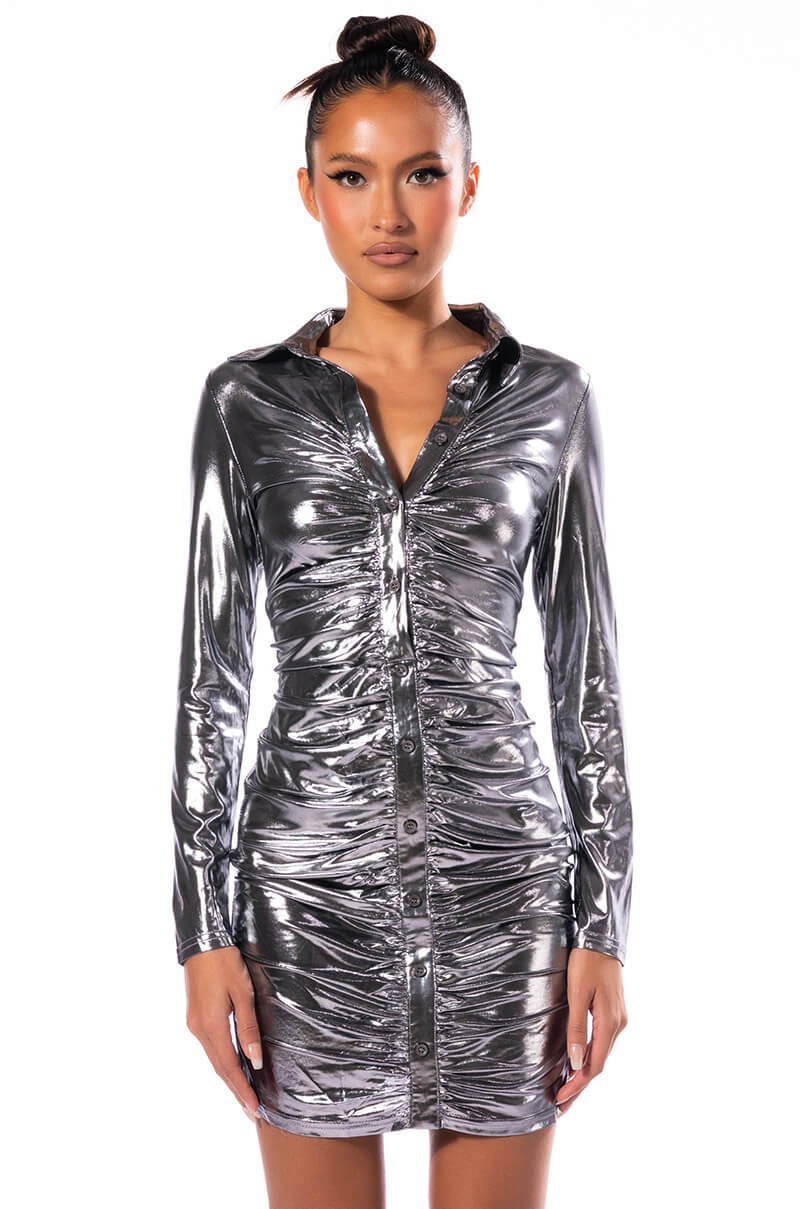 Material Girl Long Sleeve Button Down Mini Dress