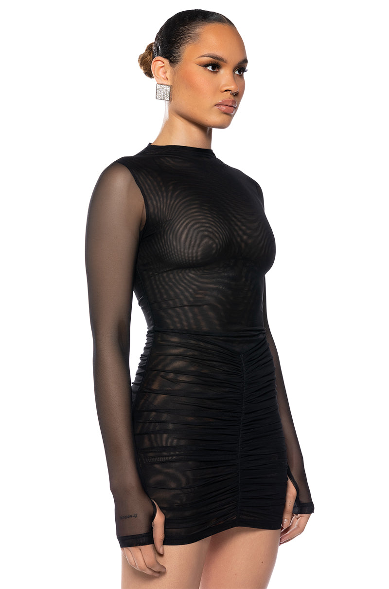 Mystery Woman Mesh Longsleeve Dress