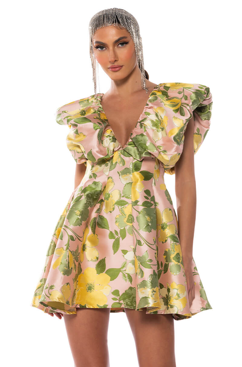 Never Better Flounce Shoulder Mini Dress