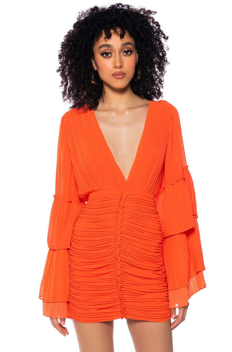 Never Settle Deep V Ruched Long Sleeve Mini Dress