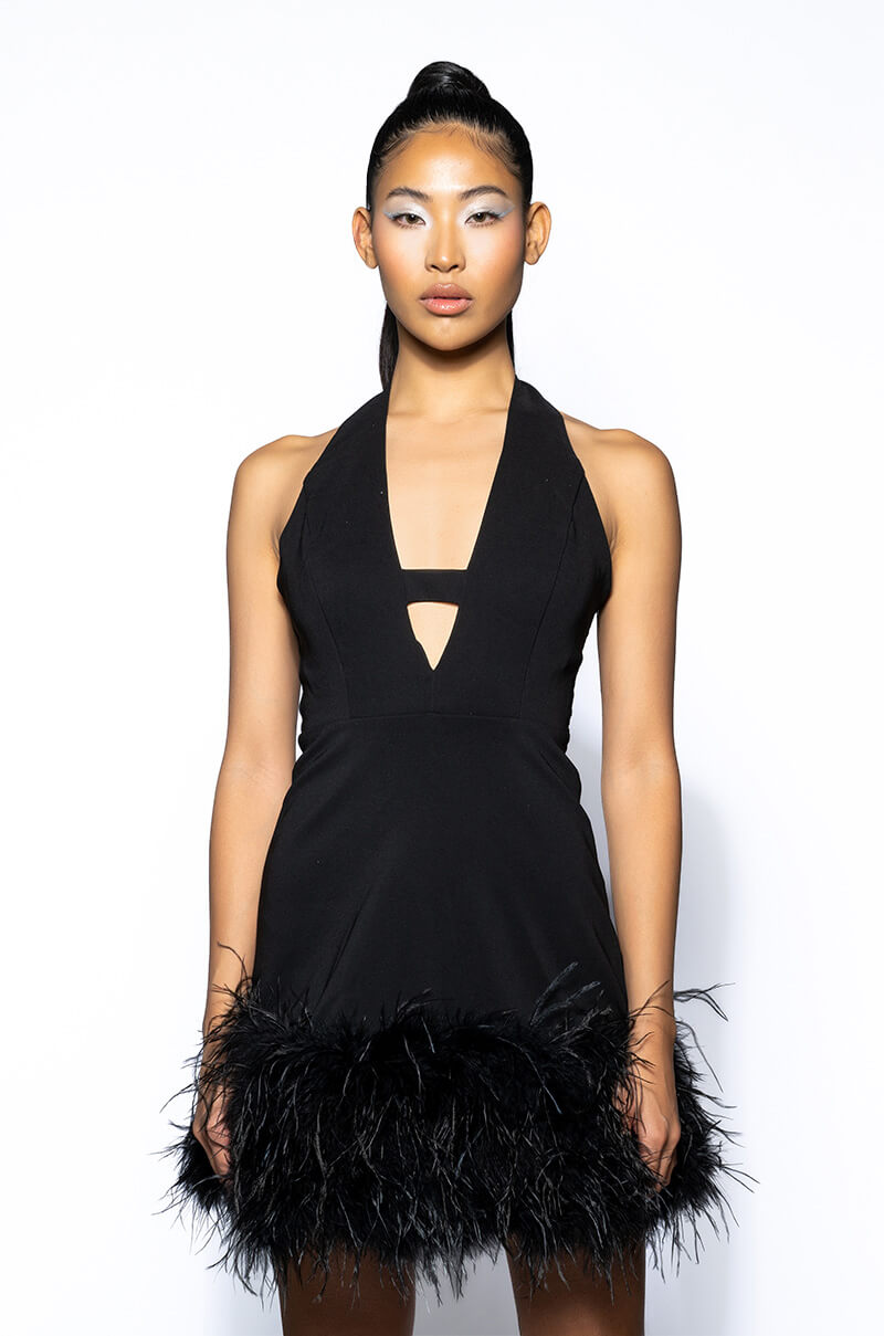 Noel Deep V Feather Trim Mini Dress