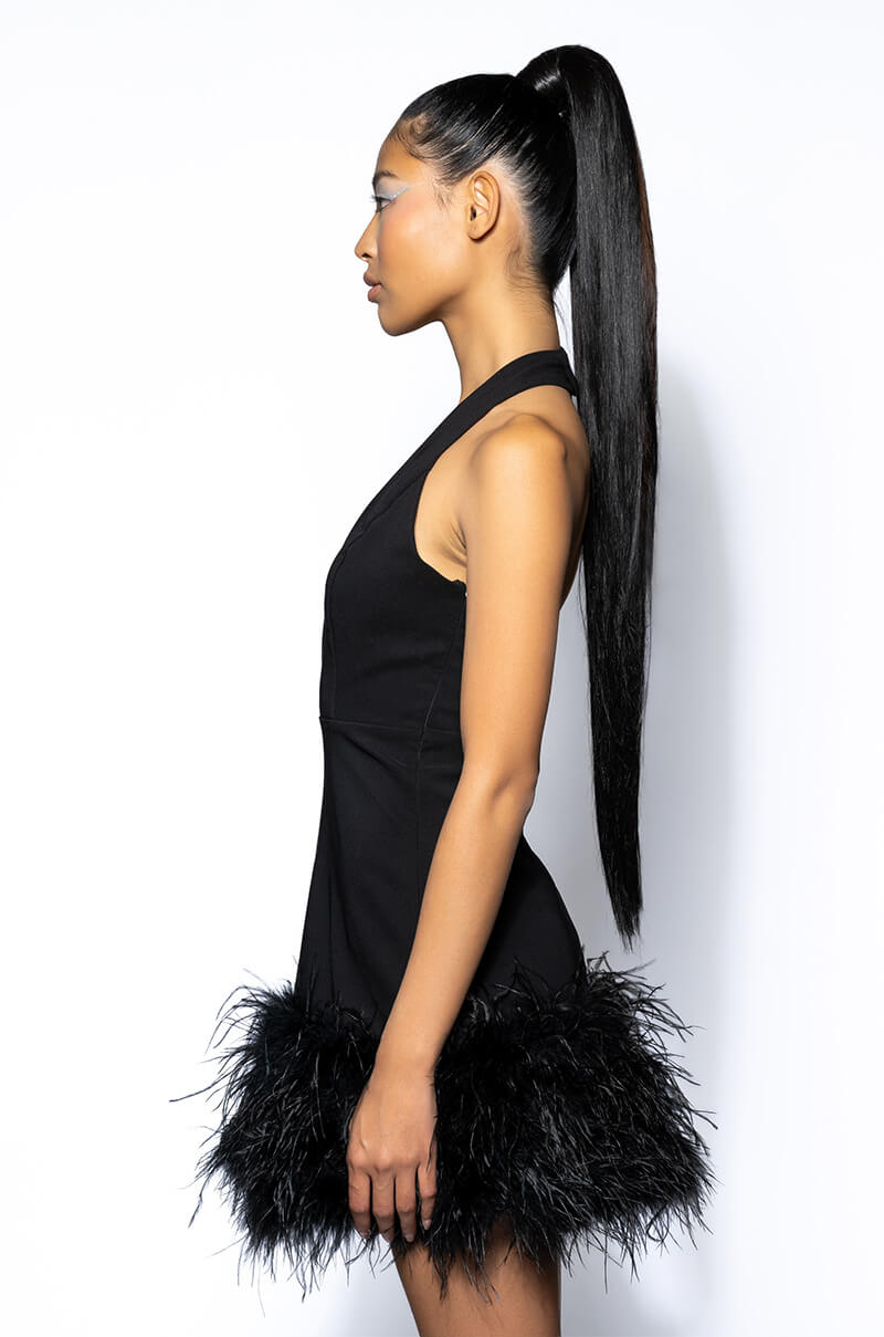 Noel Deep V Feather Trim Mini Dress