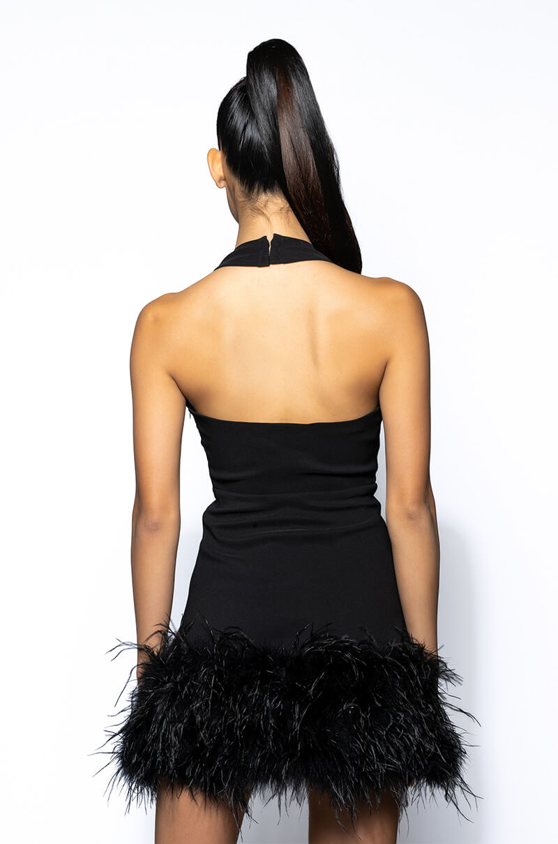 Noel Deep V Feather Trim Mini Dress