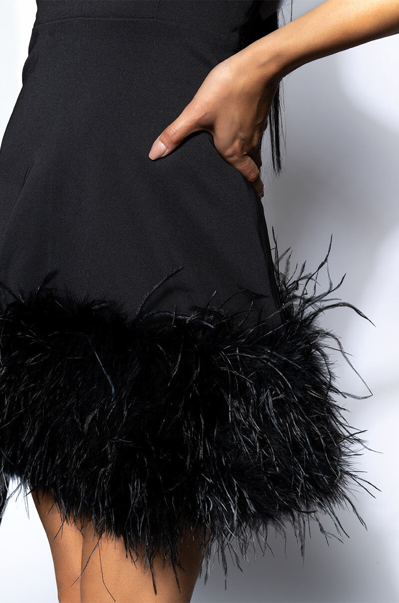 Noel Deep V Feather Trim Mini Dress