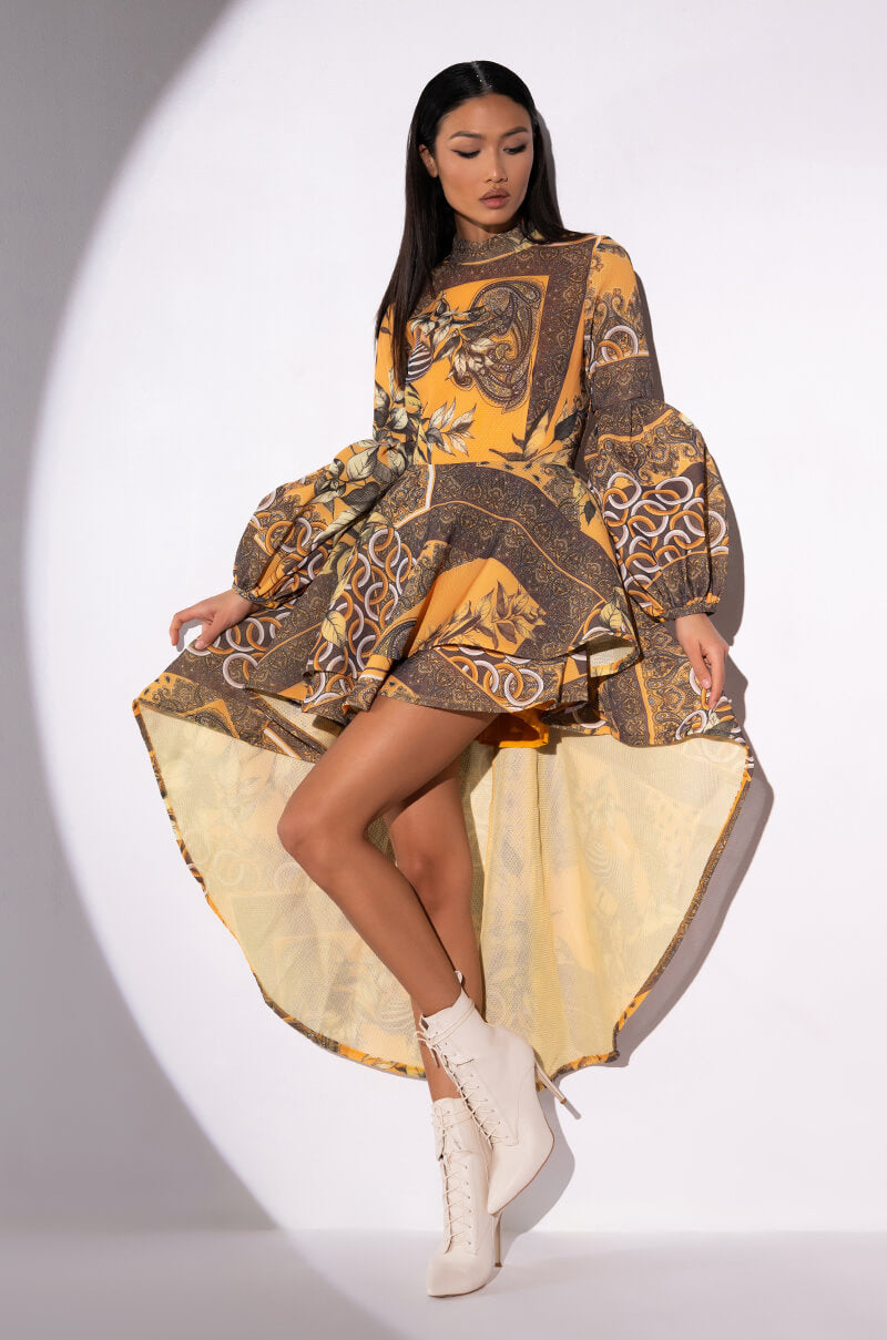 Scarf Print High Low Long Sleeve Dress