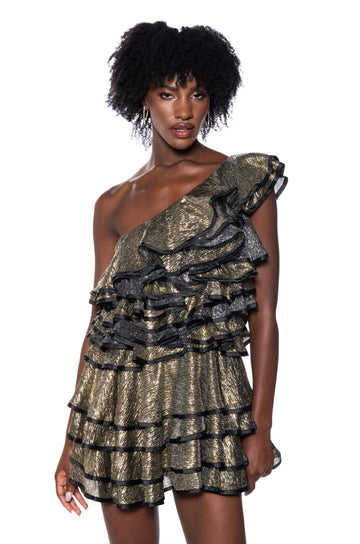Cover Me In Gold Ruffle Mini Dress