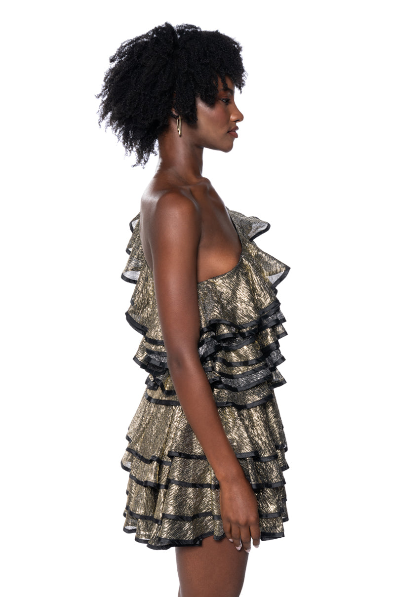 Cover Me In Gold Ruffle Mini Dress