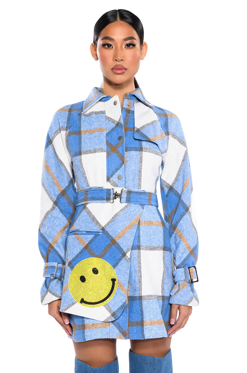 Smiley Patch Detail Long Sleeve Plaid Mini Dress
