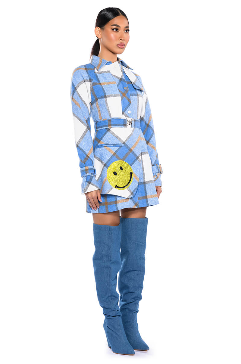 Smiley Patch Detail Long Sleeve Plaid Mini Dress