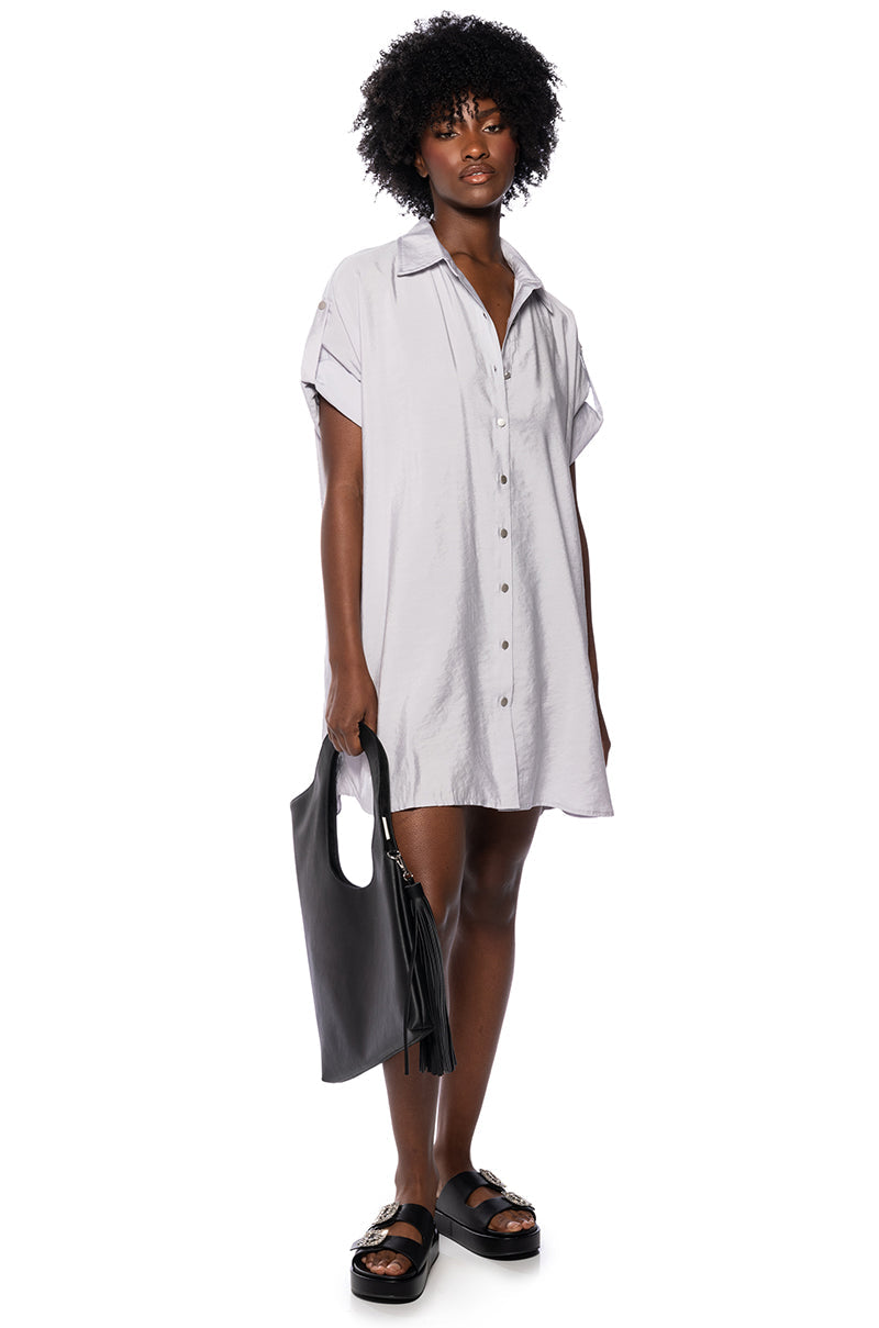 Solana Button Down Mini Shirt Dress In Light Grey