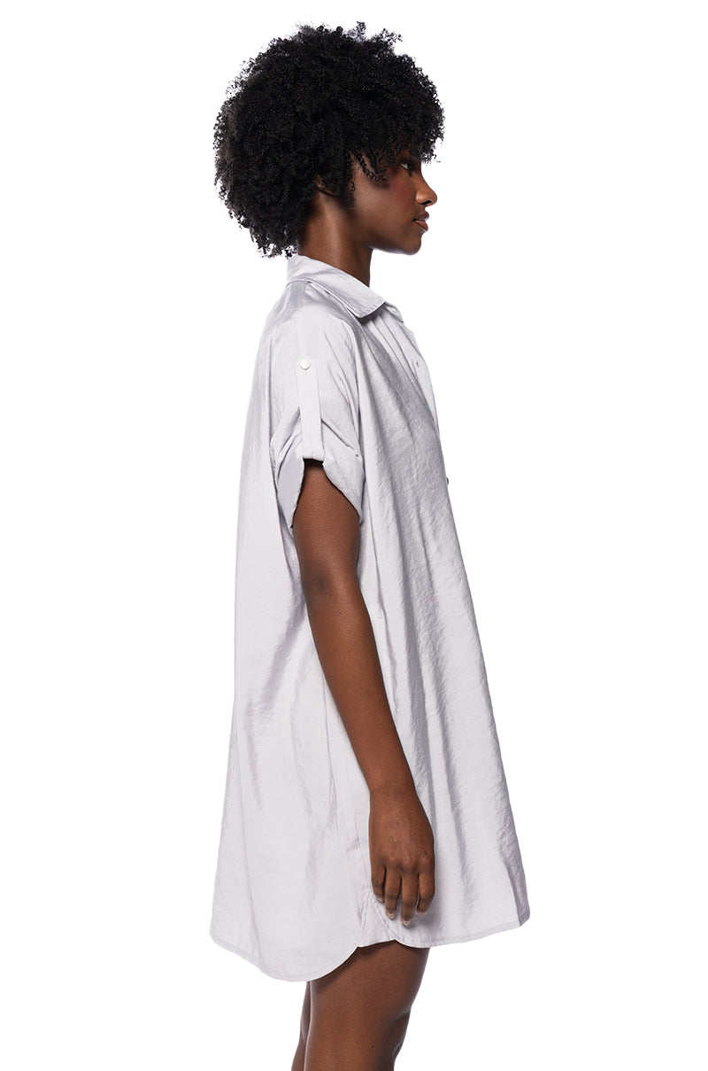Solana Button Down Mini Shirt Dress In Light Grey
