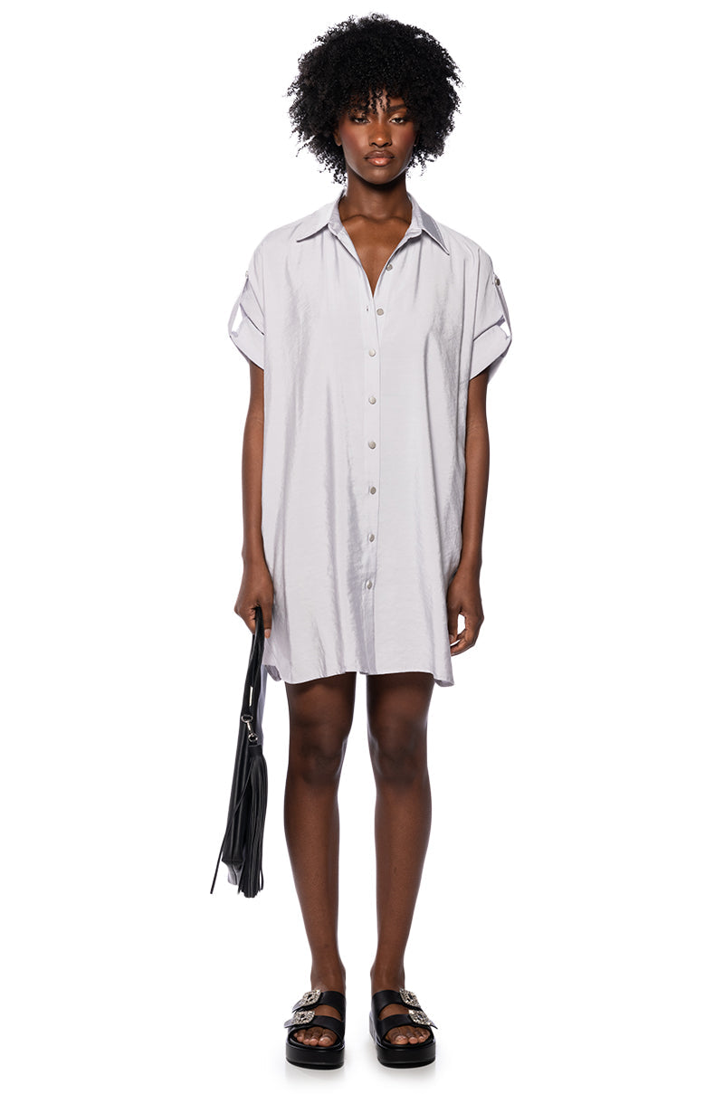 Solana Button Down Mini Shirt Dress In Light Grey