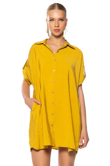 Solana Button Down Mini Shirt Dress In Mustard