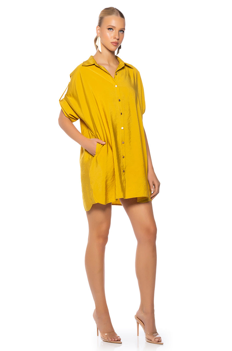 Solana Button Down Mini Shirt Dress In Mustard