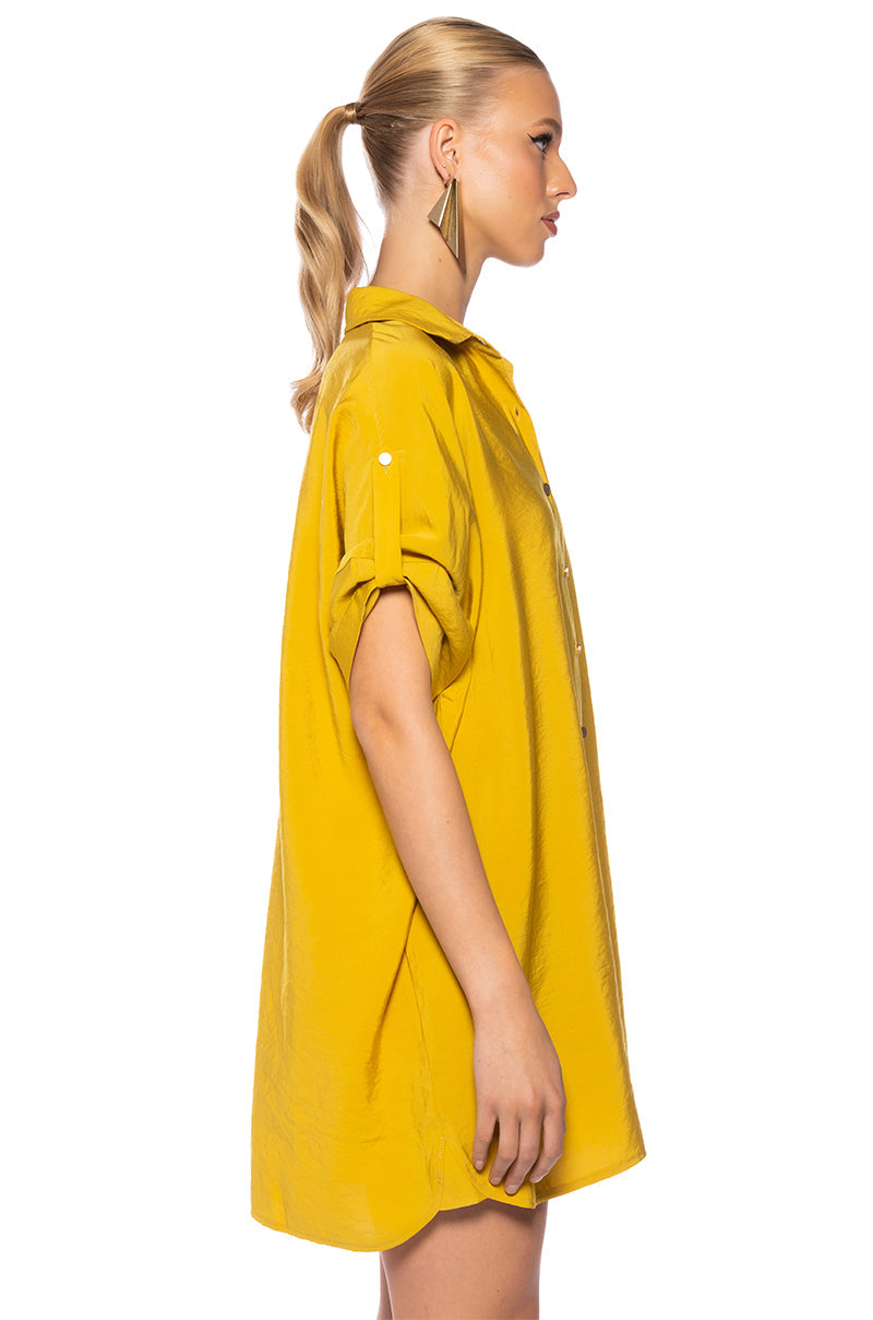 Solana Button Down Mini Shirt Dress In Mustard