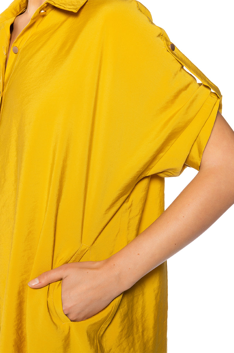 Solana Button Down Mini Shirt Dress In Mustard