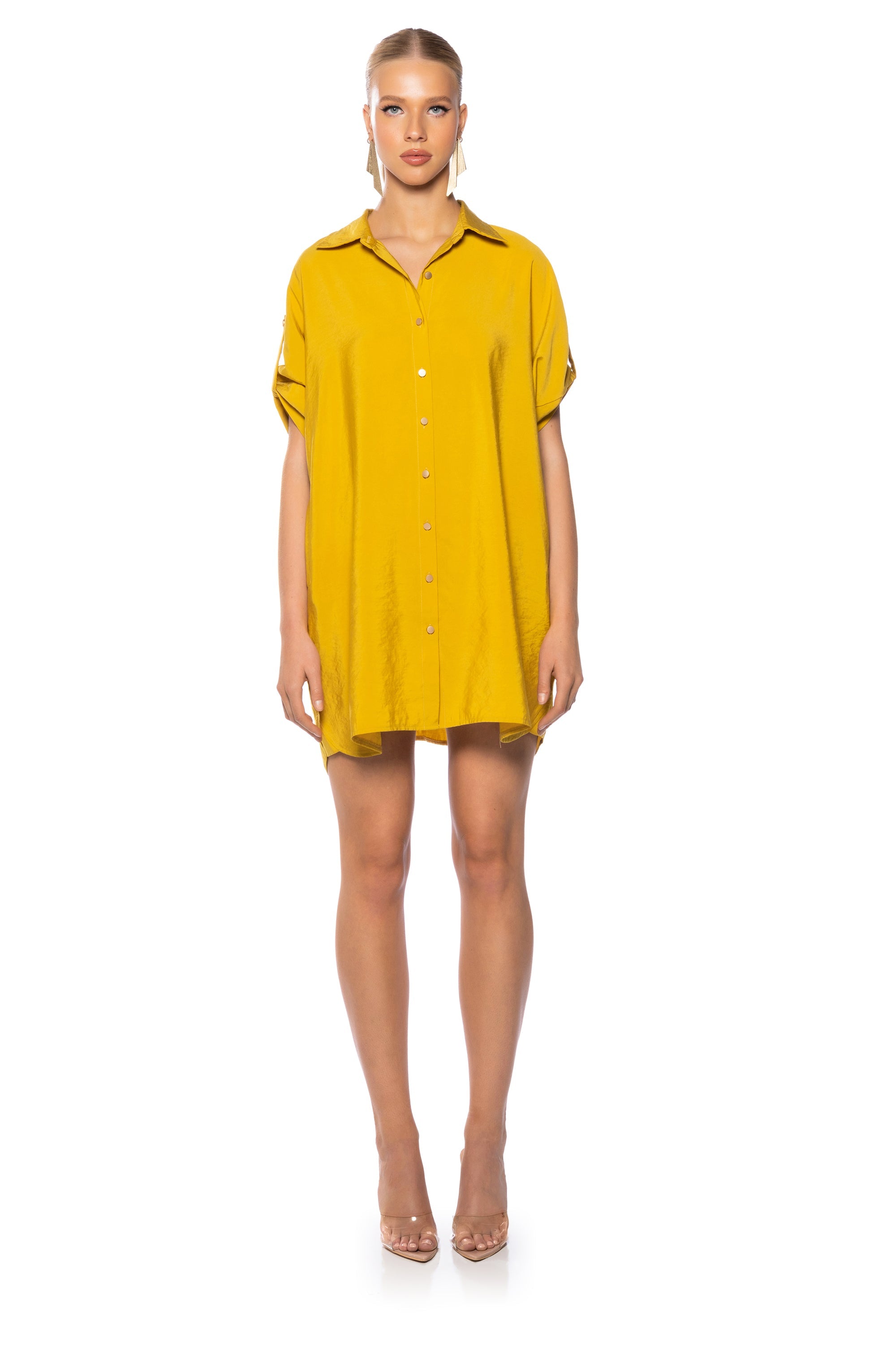 Solana Button Down Mini Shirt Dress In Mustard