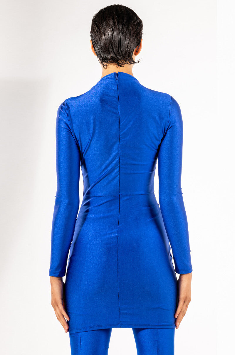 Believe Me Long Sleeve Mock Neck Ruched Mini Dress