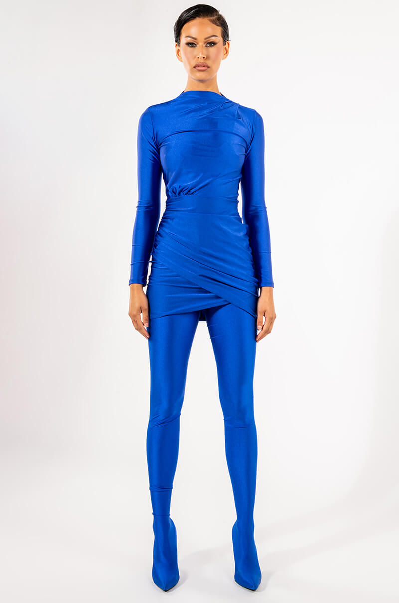 Believe Me Long Sleeve Mock Neck Ruched Mini Dress