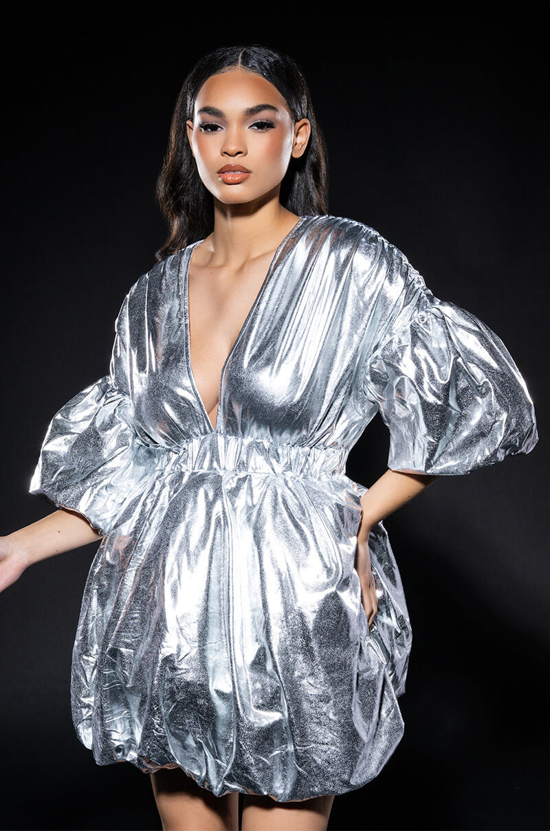 Superstar Metallic V Neck Mini Dress In Silver
