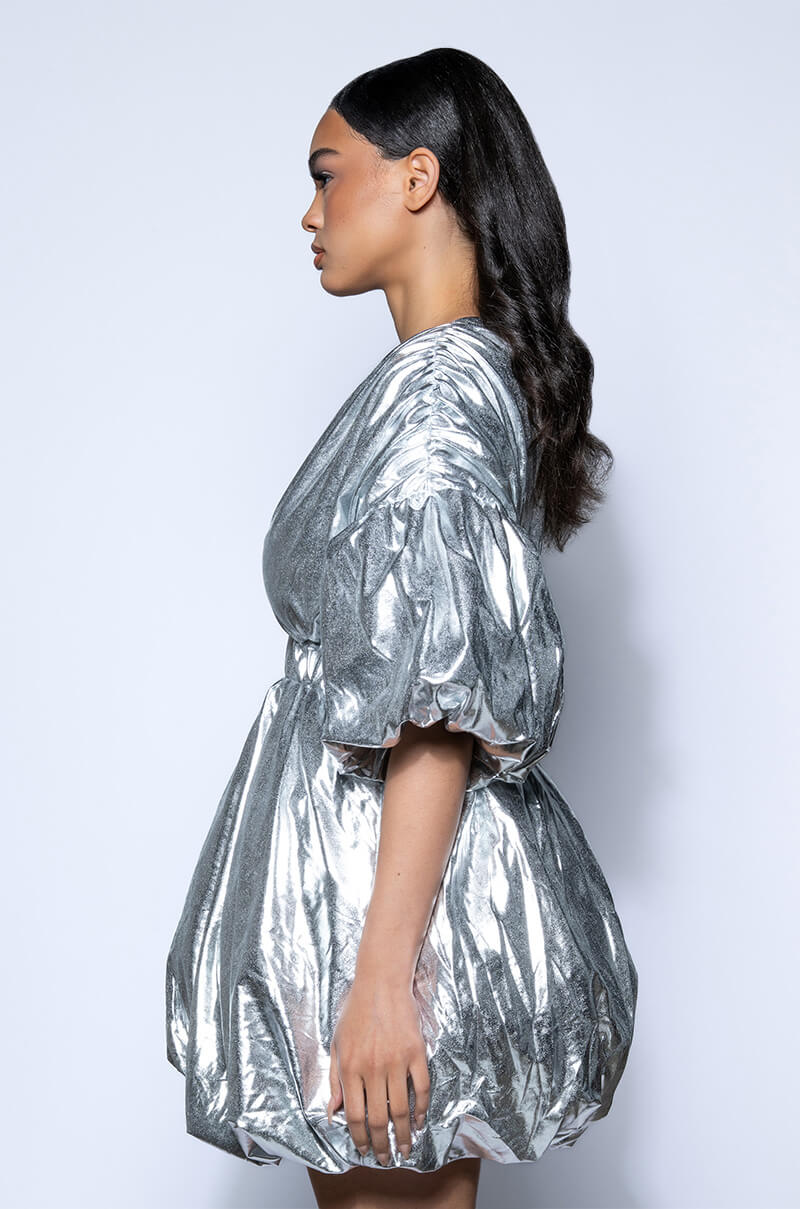 Superstar Metallic V Neck Mini Dress In Silver