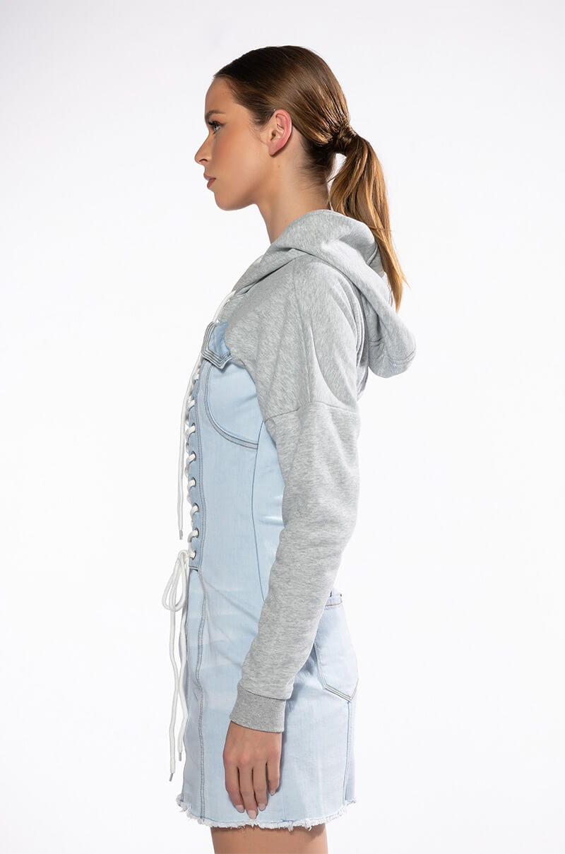 Gina Lace Up Denim Hooded Mini Dress
