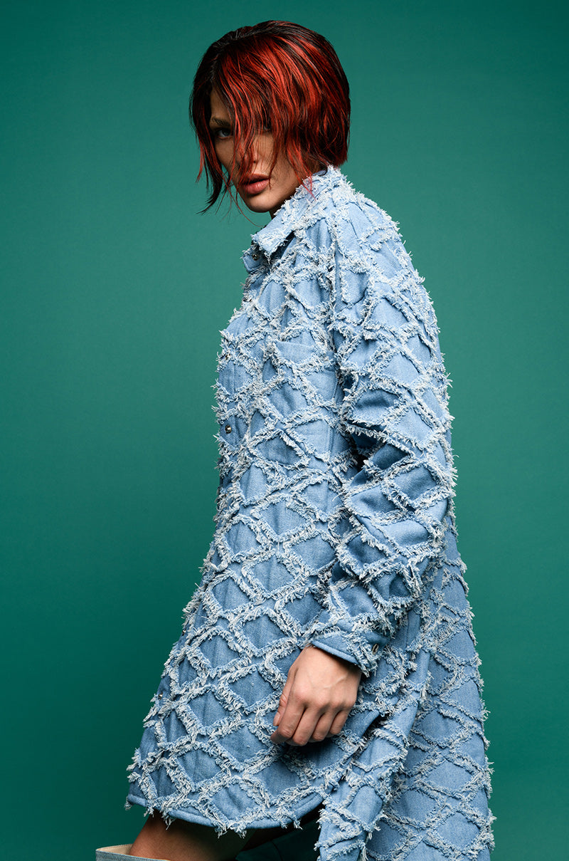 The Vibe Is Pretty Textured Denim Oversized Button Down Dress