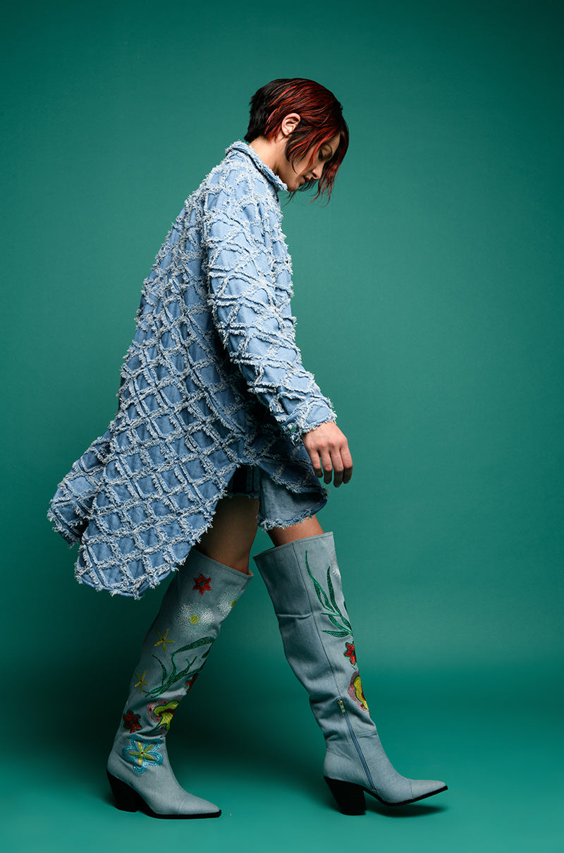 The Vibe Is Pretty Textured Denim Oversized Button Down Dress