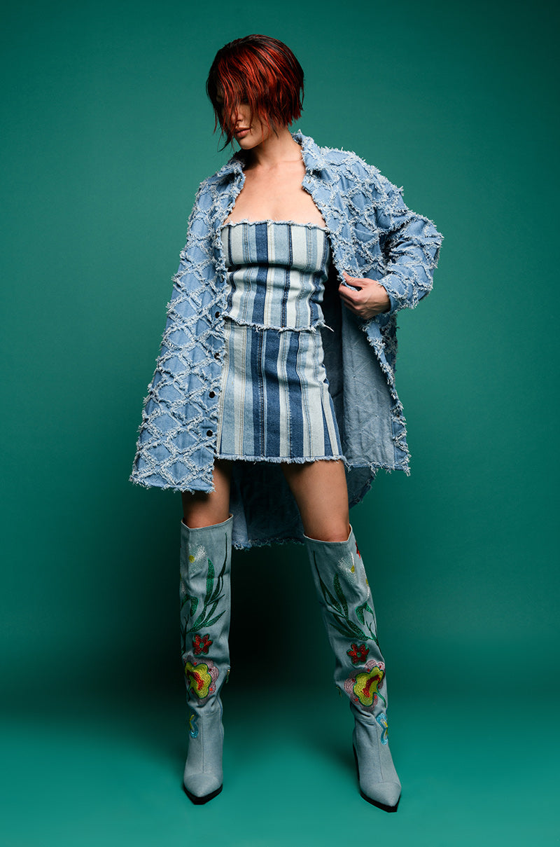 The Vibe Is Pretty Textured Denim Oversized Button Down Dress
