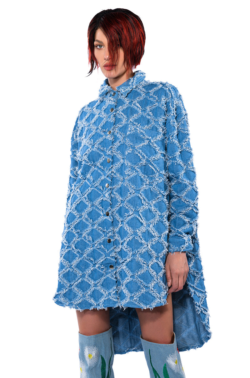 The Vibe Is Pretty Textured Denim Oversized Button Down Dress