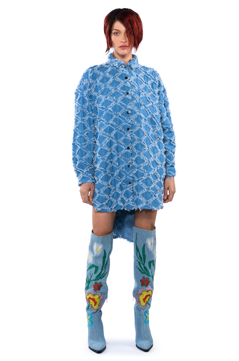 The Vibe Is Pretty Textured Denim Oversized Button Down Dress