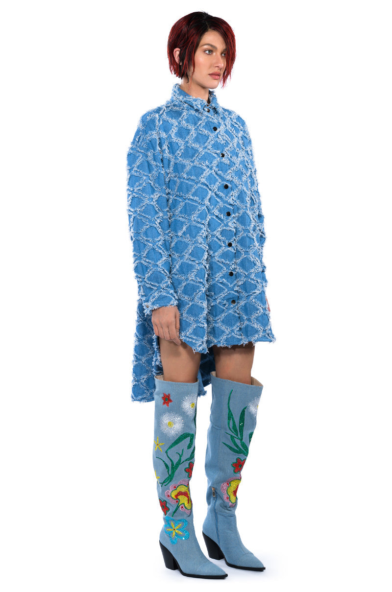 The Vibe Is Pretty Textured Denim Oversized Button Down Dress