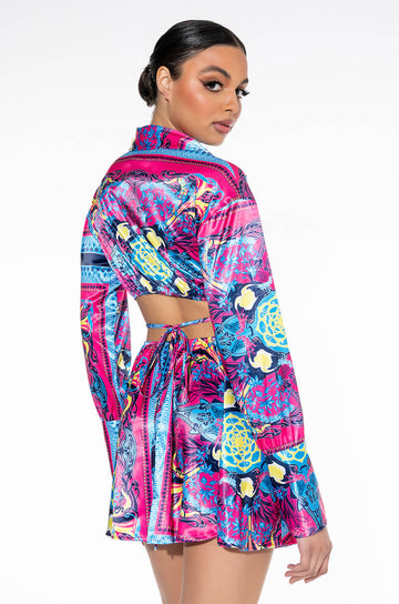 Tie Back Scarf Print Shirt Dress