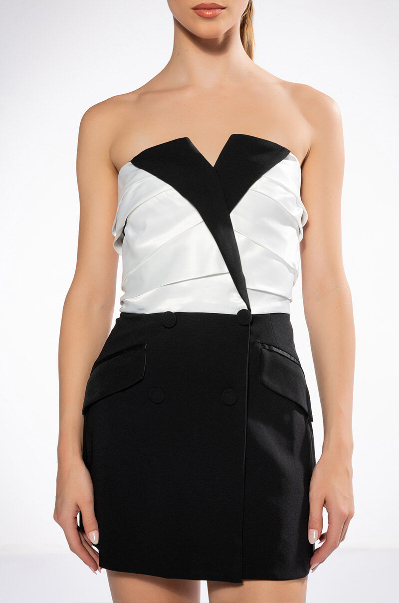 Vivian Tuxedo Detail Strapless Mini Dress