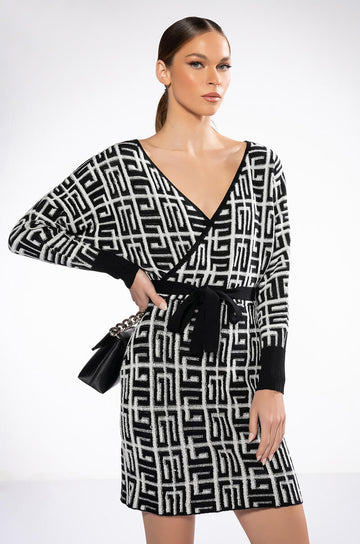 Wrap Front Geometric Knit Mini Dress