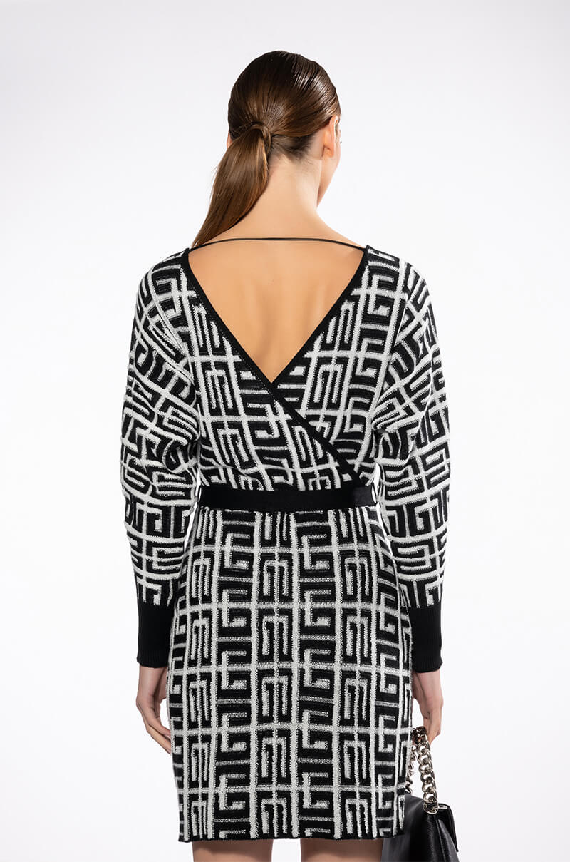 Wrap Front Geometric Knit Mini Dress